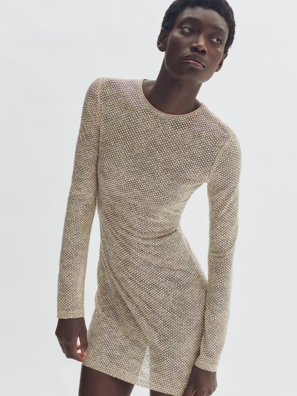 Stella McCartney Champagne Sparkle Long-Sleeve Mini Dress